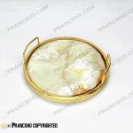 سینی گرد سنگی با لبه فلزی طلایی سنگ مرمر نباتی قهوه‌ای