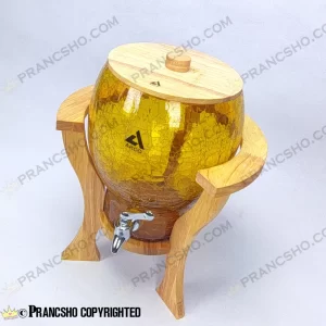 کلمن شیشه ای پایه چوبی دسته دار طرح کاچار شیشه الماسی شامپاینی طلایی