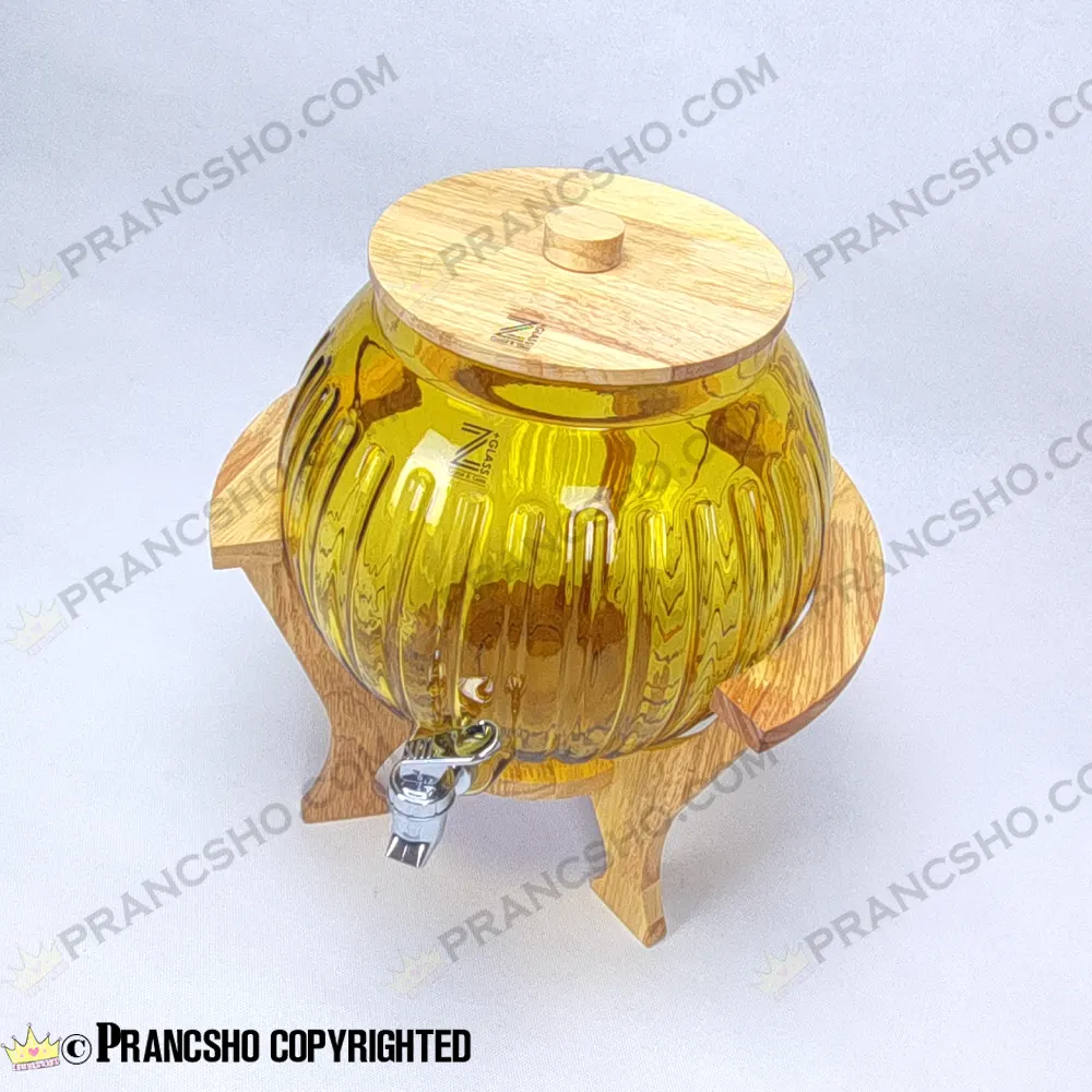 کلمن شیشه ای پایه چوبی دسته دار طرح کانو شیشه شامپاینی طلایی