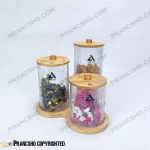 کندی و پاسماوری سه سایز شیشه ای استوانه ای با در و استند چوبی