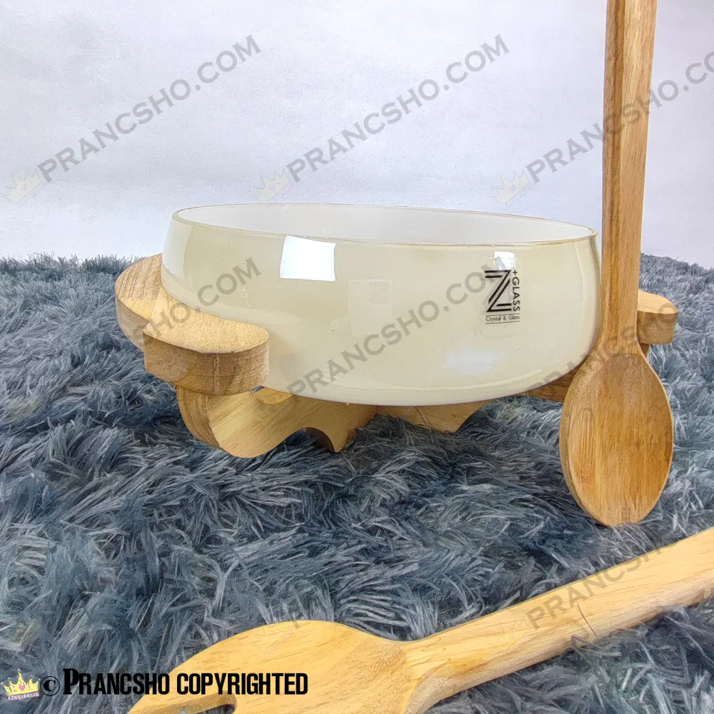 کاسه سالاد خوری شیشه ای شانا شیشه سفید با پایه، قاشق و چنگال چوبی