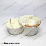 استند پذیرایی دو طبقه سنگی پایه حصیری نقره‌ای سنگ مرمر نباتی قهوه‌ای