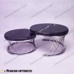 استند پذیرایی دو طبقه سنگی پایه حصیری نقره‌ای سنگ مشکی خط سفید