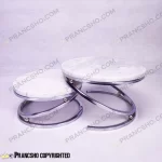 استند پذیرایی دو طبقه سنگی پایه گوشواره‌ای نقره‌ای سنگ سفید ازنا