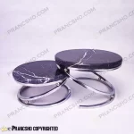 استند پذیرایی دو طبقه سنگی پایه گوشواره‌ای نقره‌ای سنگ مشکی خط سفید