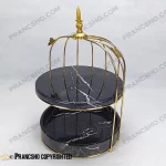 استند میوه و شیرینی سنگی قفس و پروانه دو طبقه سنگ مشکی خط سفید