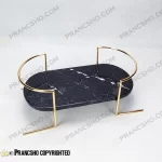 سینی بیضی سنگی دسته فلزی طلایی با سنگ مشکی خط سفید