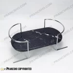 سینی بیضی سنگی دسته فلزی نقره‌ای با سنگ مشکی خط سفید