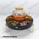 مزه و دمنوش خوری سنگی پایه میخی با جای وارمر سنگ مشکی خط سفید