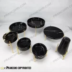 ست ظروف پذیرایی سنگی پایه میخی طلایی سنگ مشکی خط سفید